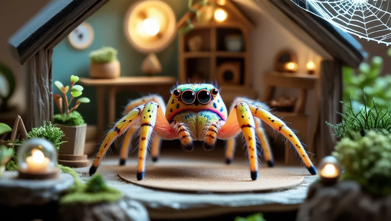 Enchanting Jumping Spider Pet resting on a leaf, showcasing its vibrant colors and curious eyes.