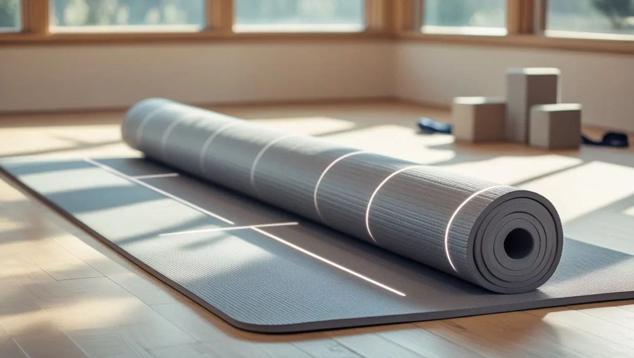 Single yoga mat with alignment lines for improved posture and balance.