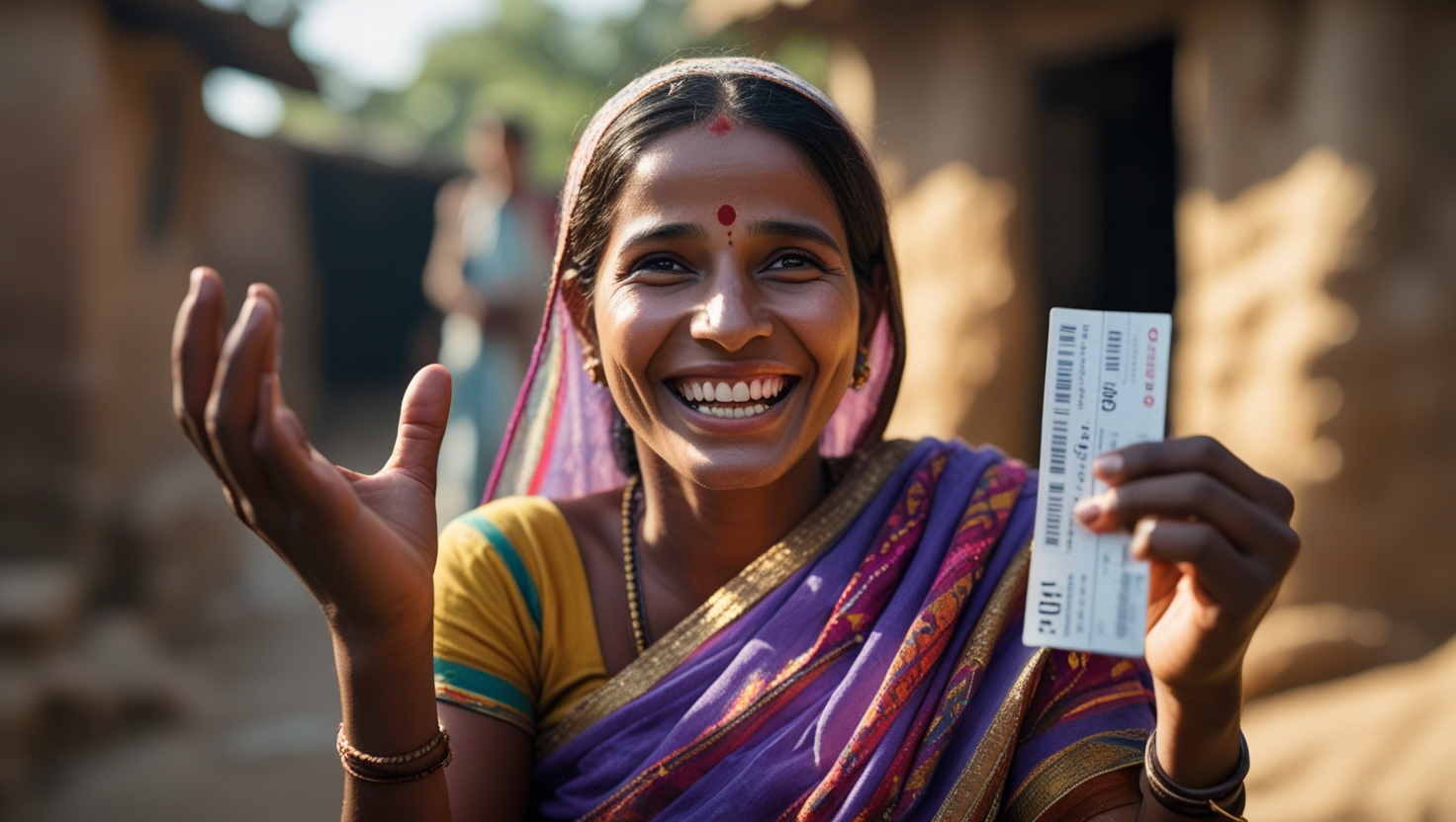 Lottery Sambad Yesterday: A poor woman happily holding her winning lottery ticket, symbolizing hope and luck in the Nagaland State Lottery.